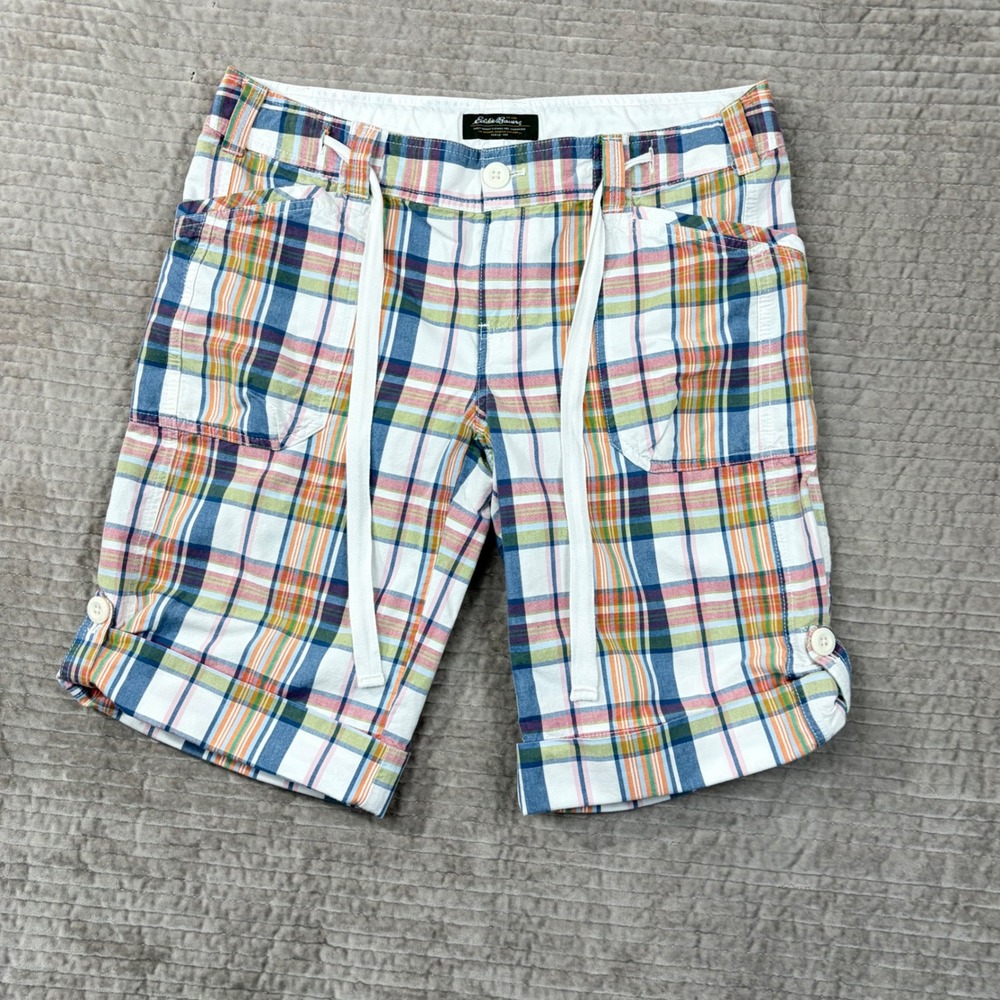 Eddie Bauer Womens Plaid Cotton Shorts Multi Color Drawstring Size 10 22007583